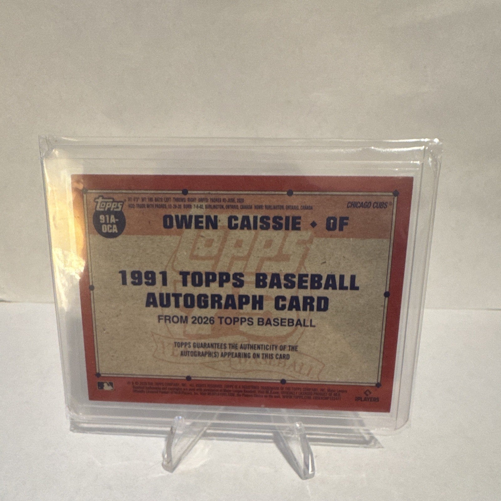 Topps 2026 Series 1 1991 Autographs Owen Caissie Chicago Cubs RC Auto #91A-OCA