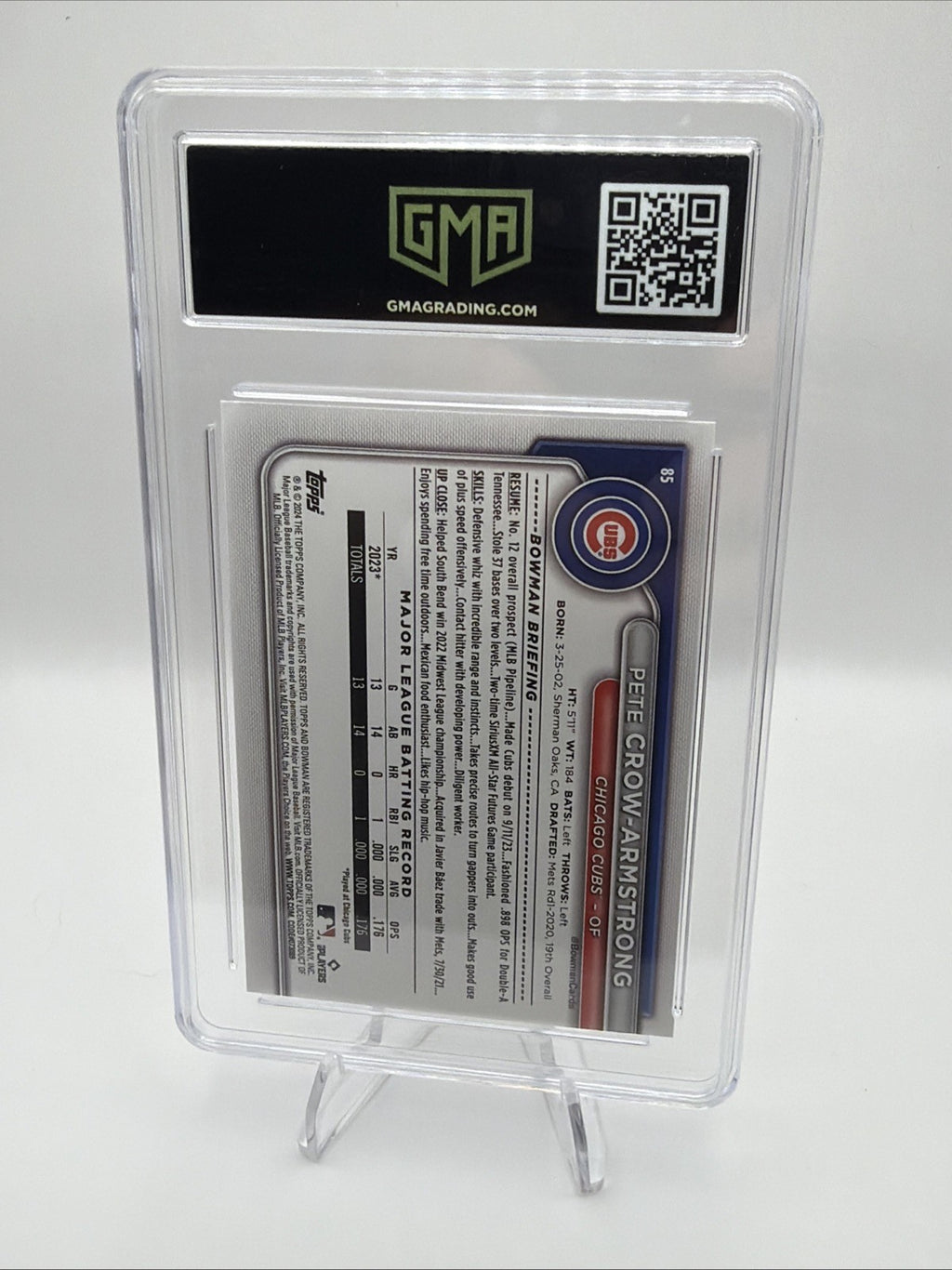 2024 Bowman Pete Crow-Armstrong #85 RC GMA 10 Gem Mint Chicago Cubs Rookie