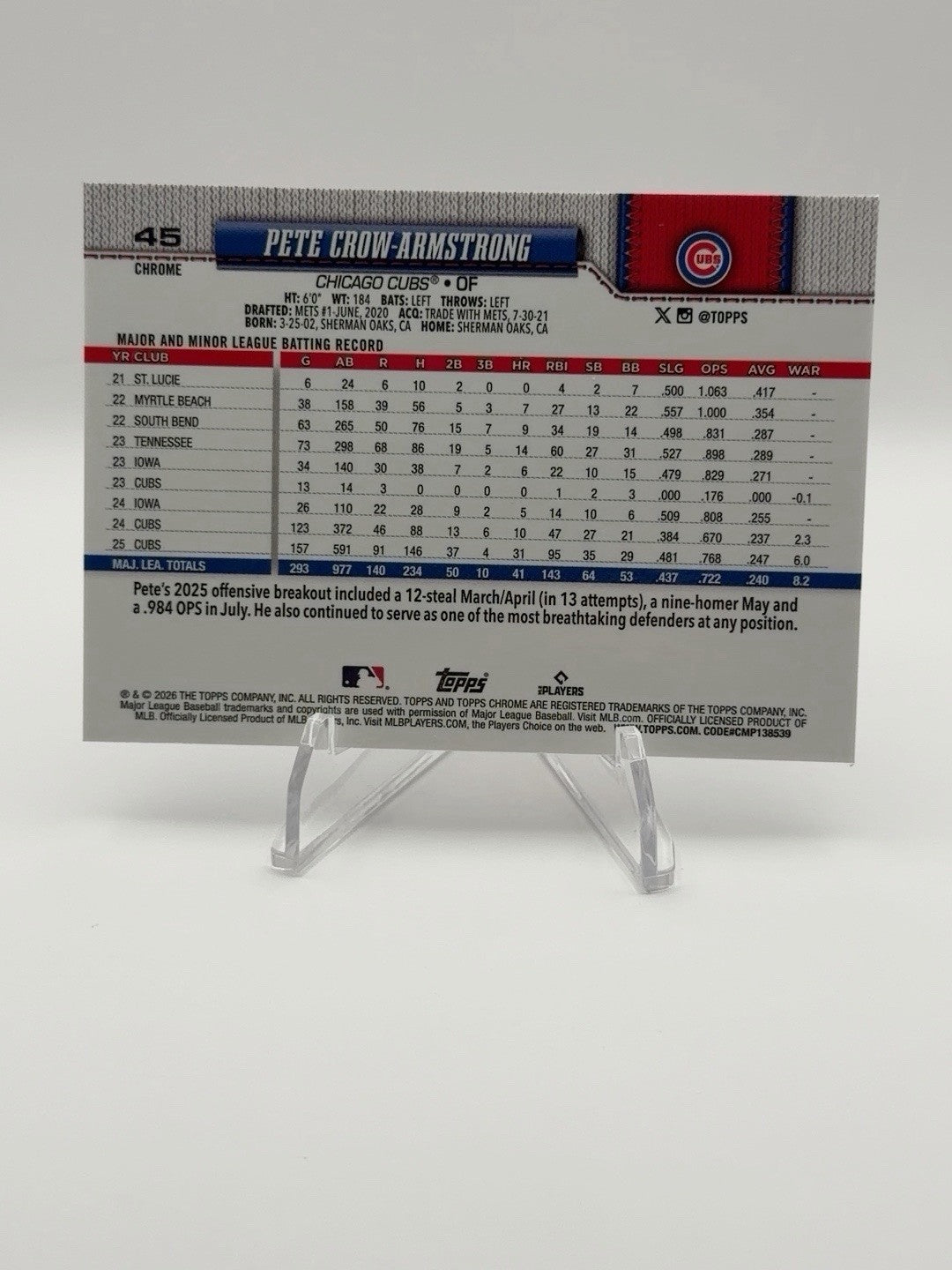 2026 Topps Chrome Pete Crow-Armstrong #45 Refractor – Chicago Cubs