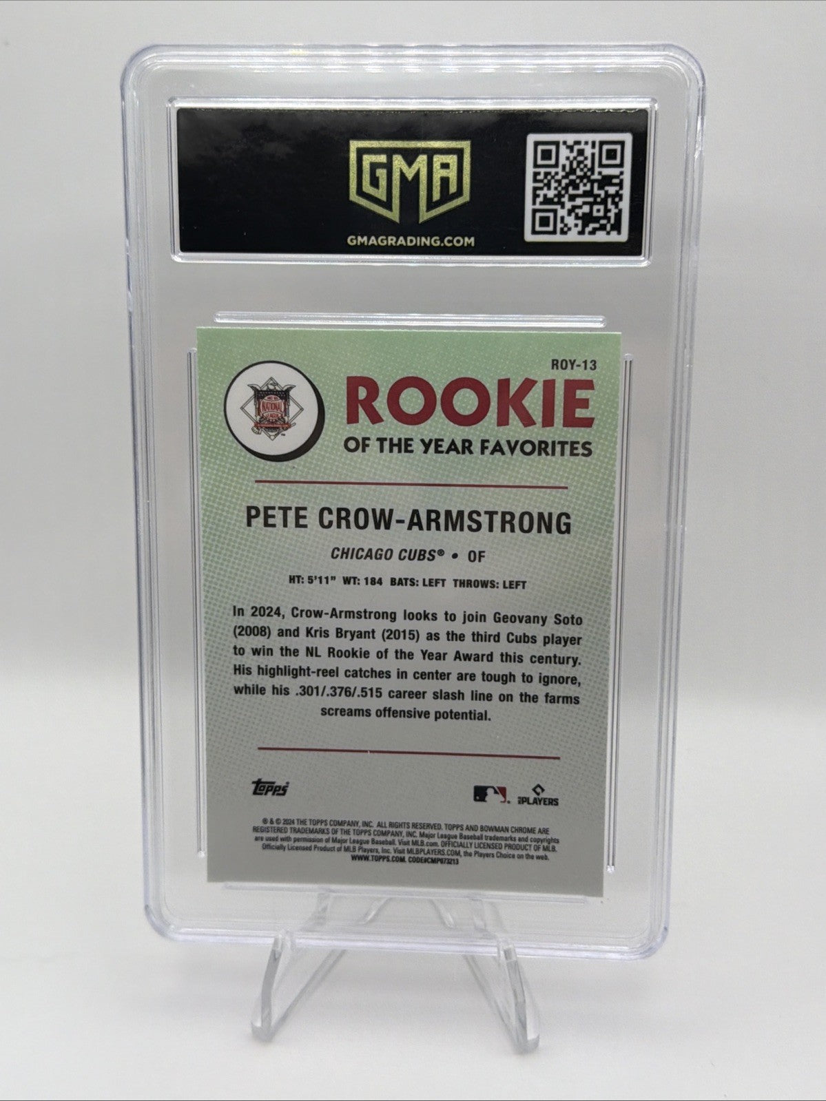 2024 Bowman Chrome Pete Crow-Armstrong ROY-13 RC GMA 10 Gem Mint Cubs