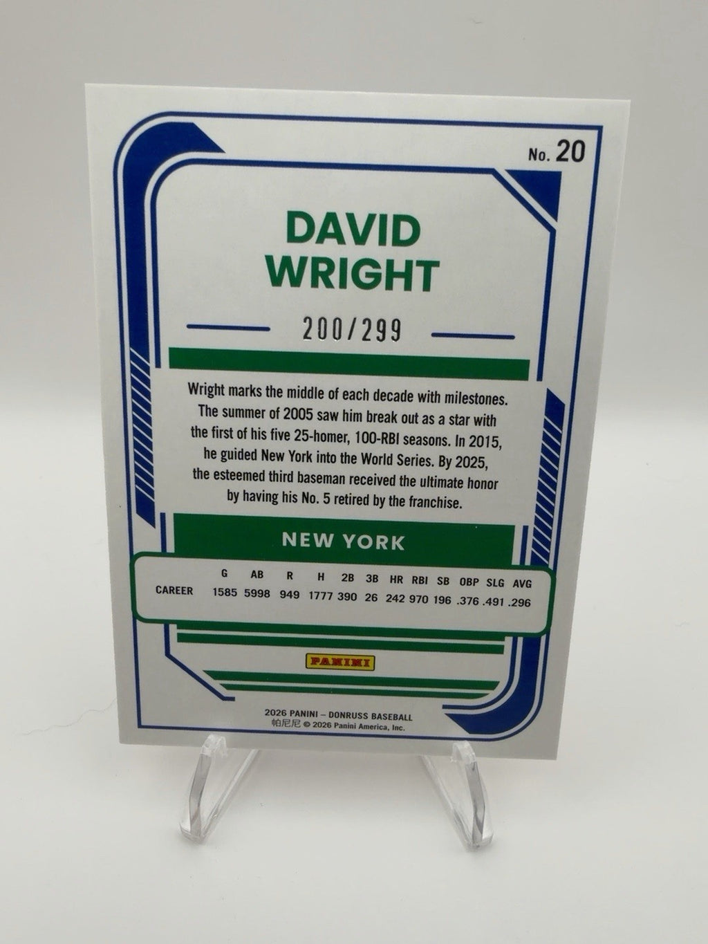 2026 Donruss - David Wright #20 Orange Laser #'d /299 New York Mets
