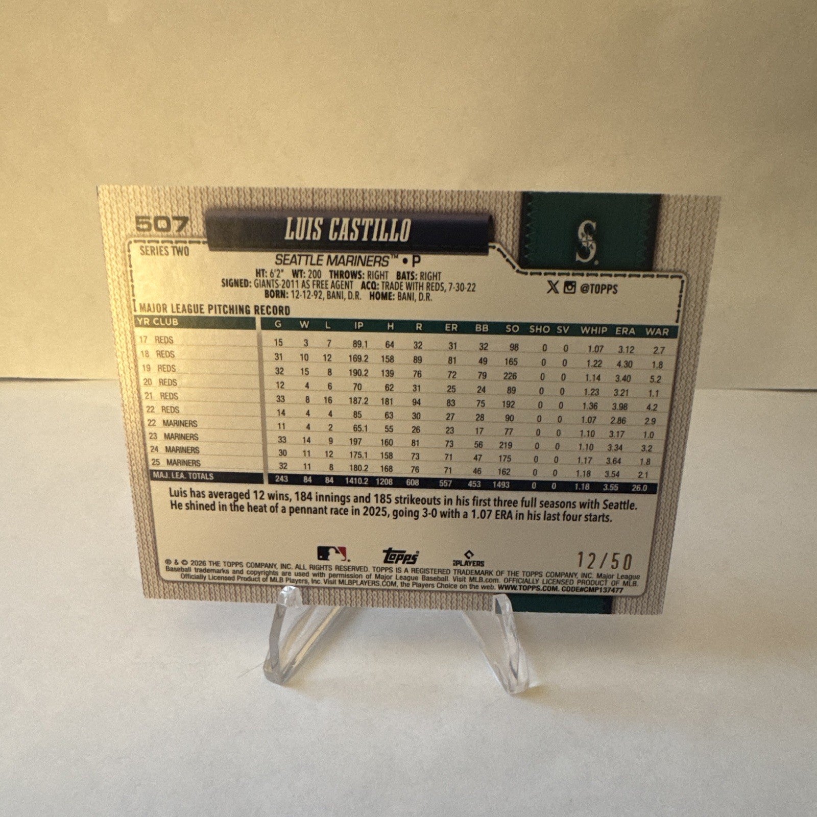 Topps 2026 Series 2 Luis Castillo Seattle Mariners 12/50 #507