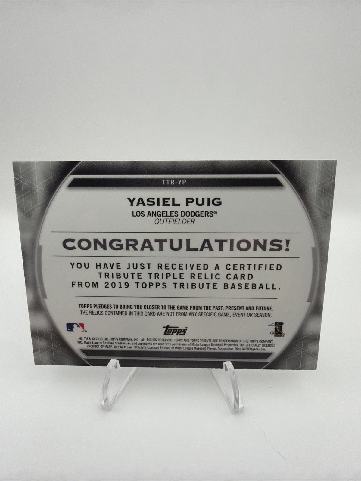 2019 Topps Tribute - Tribute Triple Relics Yasiel Puig #TTR-YP /150 (MEM)