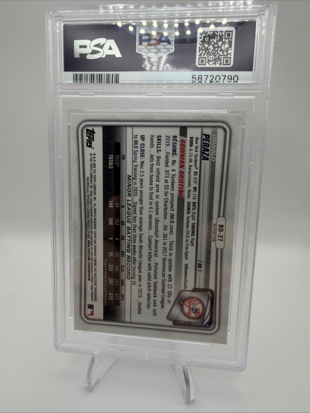 2020 Bowman Draft Oswald Peraza Chrome Refractor #BD-27 PSA 10 Yankees