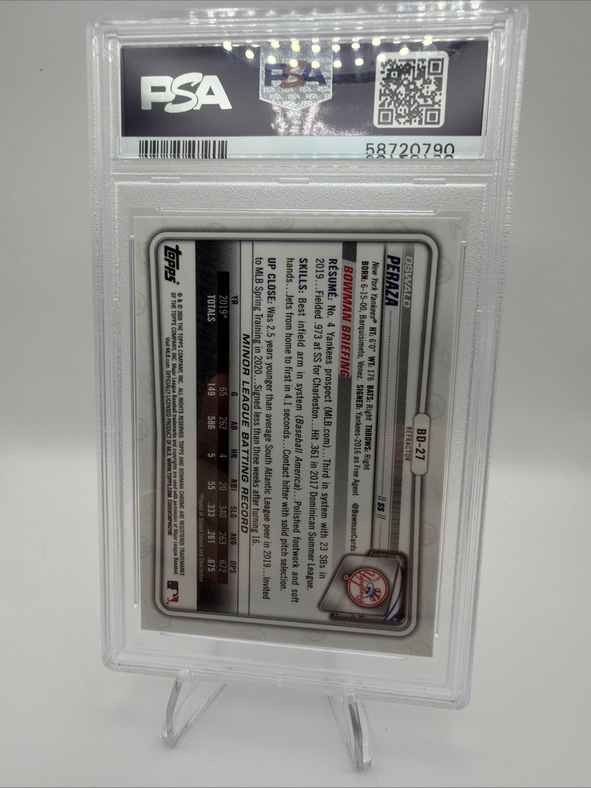 2020 Bowman Draft Oswald Peraza Chrome Refractor #BD-27 PSA 10 Yankees