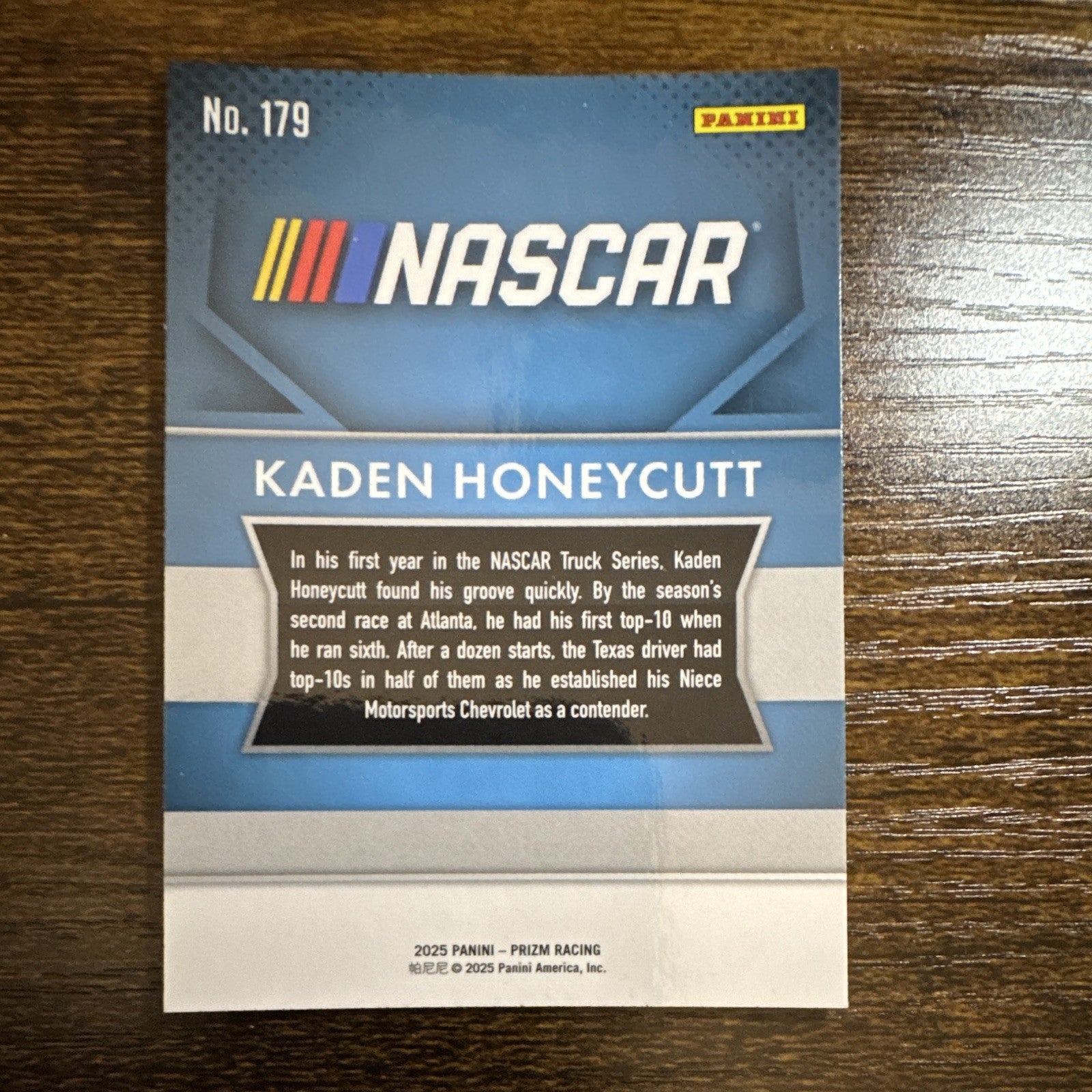 2025 Panini Prizm NASCAR Kaden Honeycutt Rookie Card RC #179