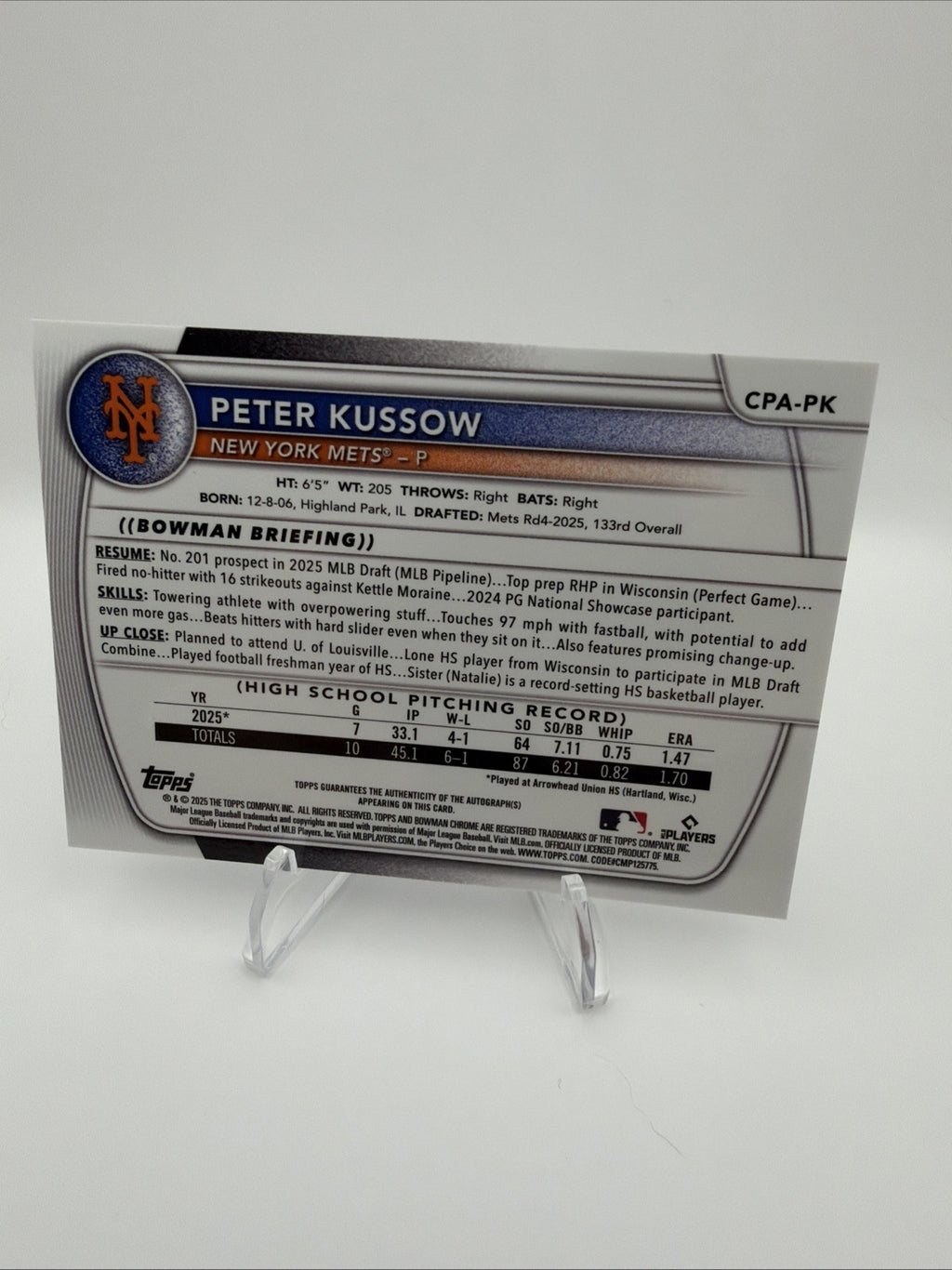 2025 Bowman Draft - Chrome Prospect Autographs Peter Kussow #CPA-PK (AU, RC)