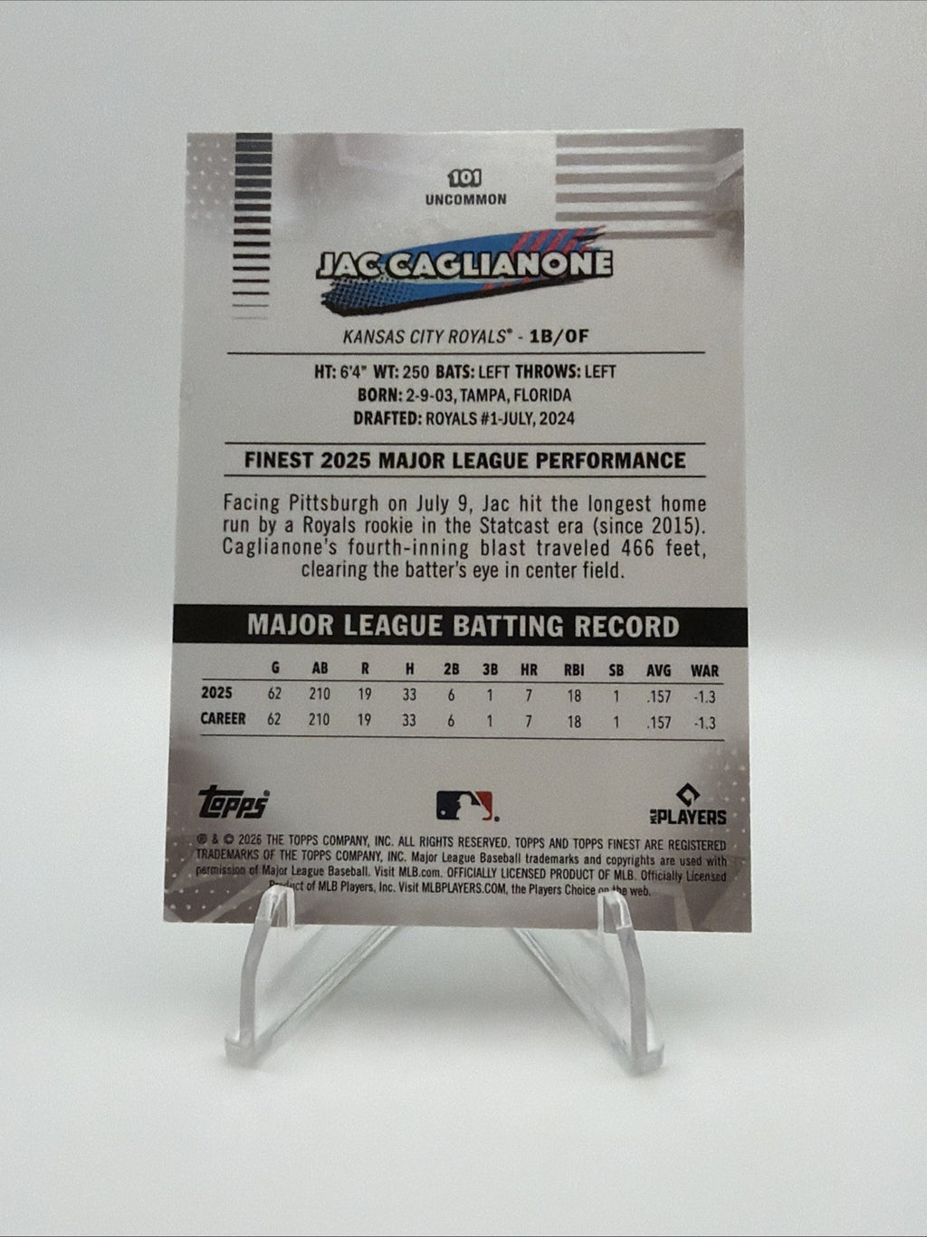 Topps 2025 Topps Finest Uncommon Jac Caglianone RC Green #101 75/99 KC Royals
