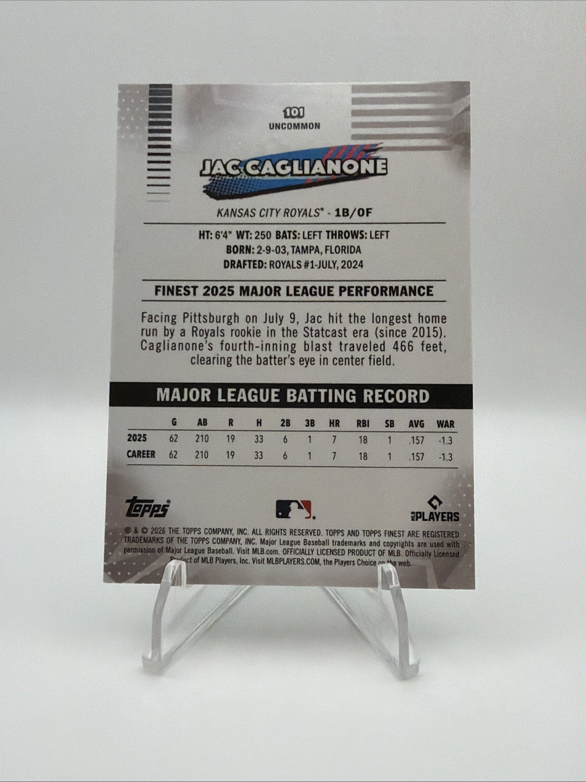 Topps 2025 Topps Finest Uncommon Jac Caglianone RC Green #101 75/99 KC Royals