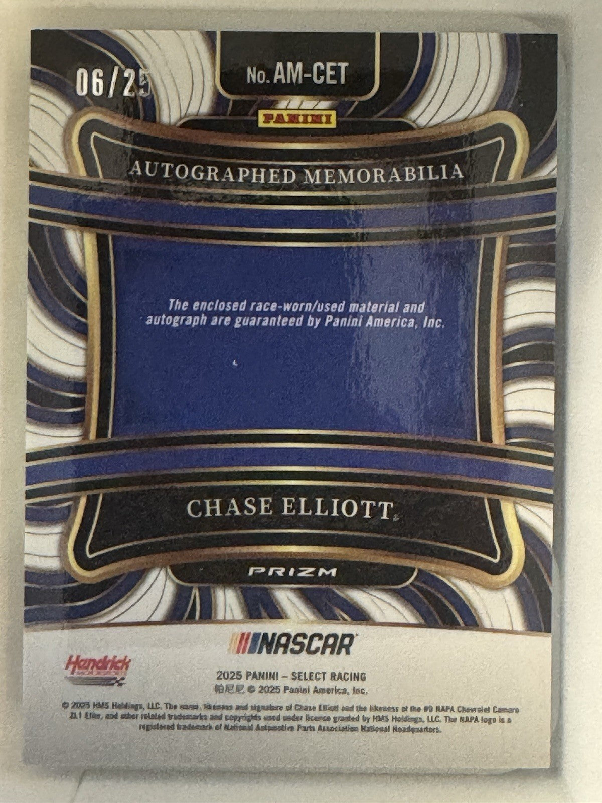 2025 Panini Select Chase Elliott Blue Prizm Auto Relic /25 #06/25 NASCAR