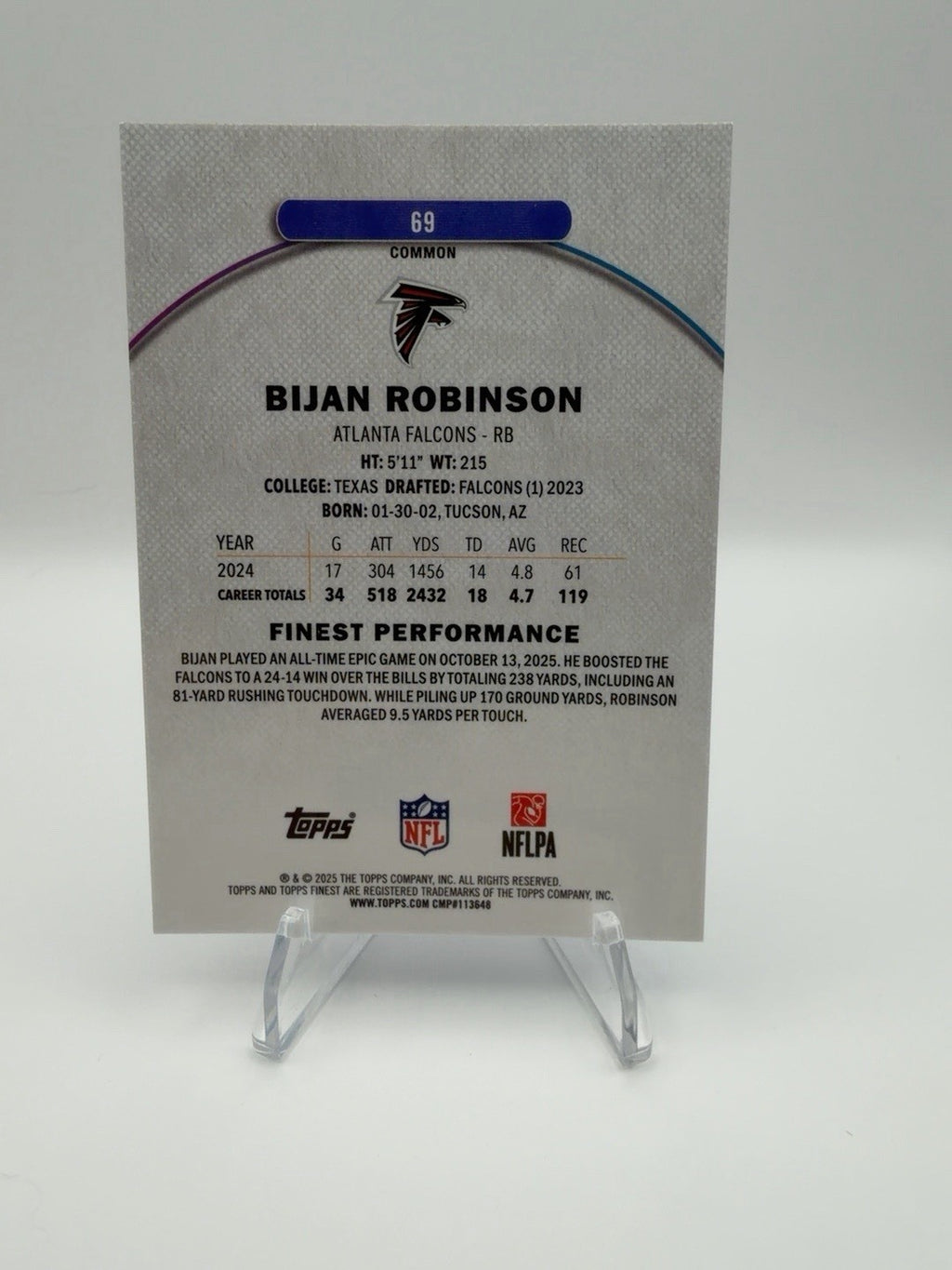 2025 Topps Finest - Common Bijan Robinson #69 Sky Blue Refractor /325