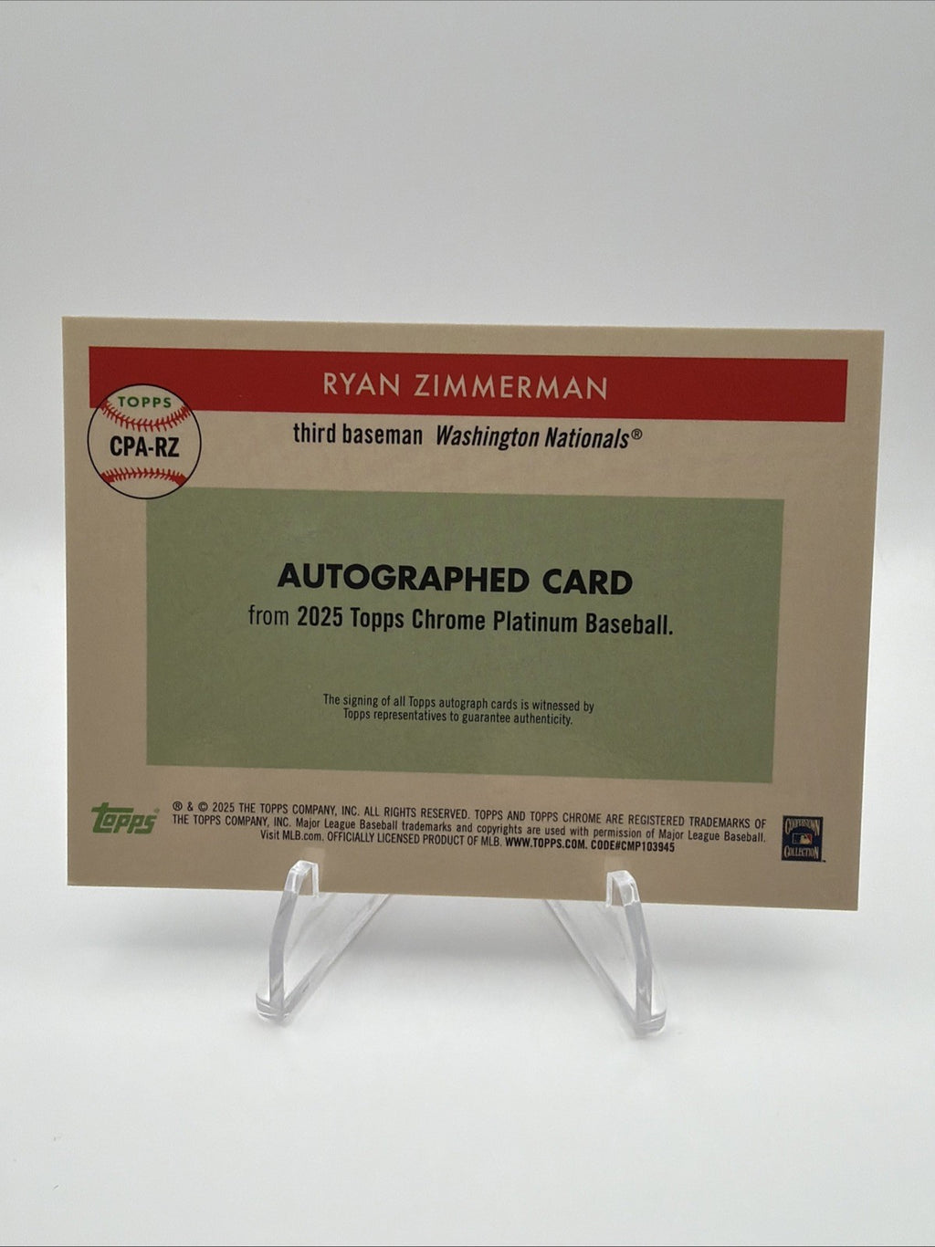 2025 Topps Chrome Platinum Ryan Zimmerman Blue Prism Auto /99 CPA-RZ