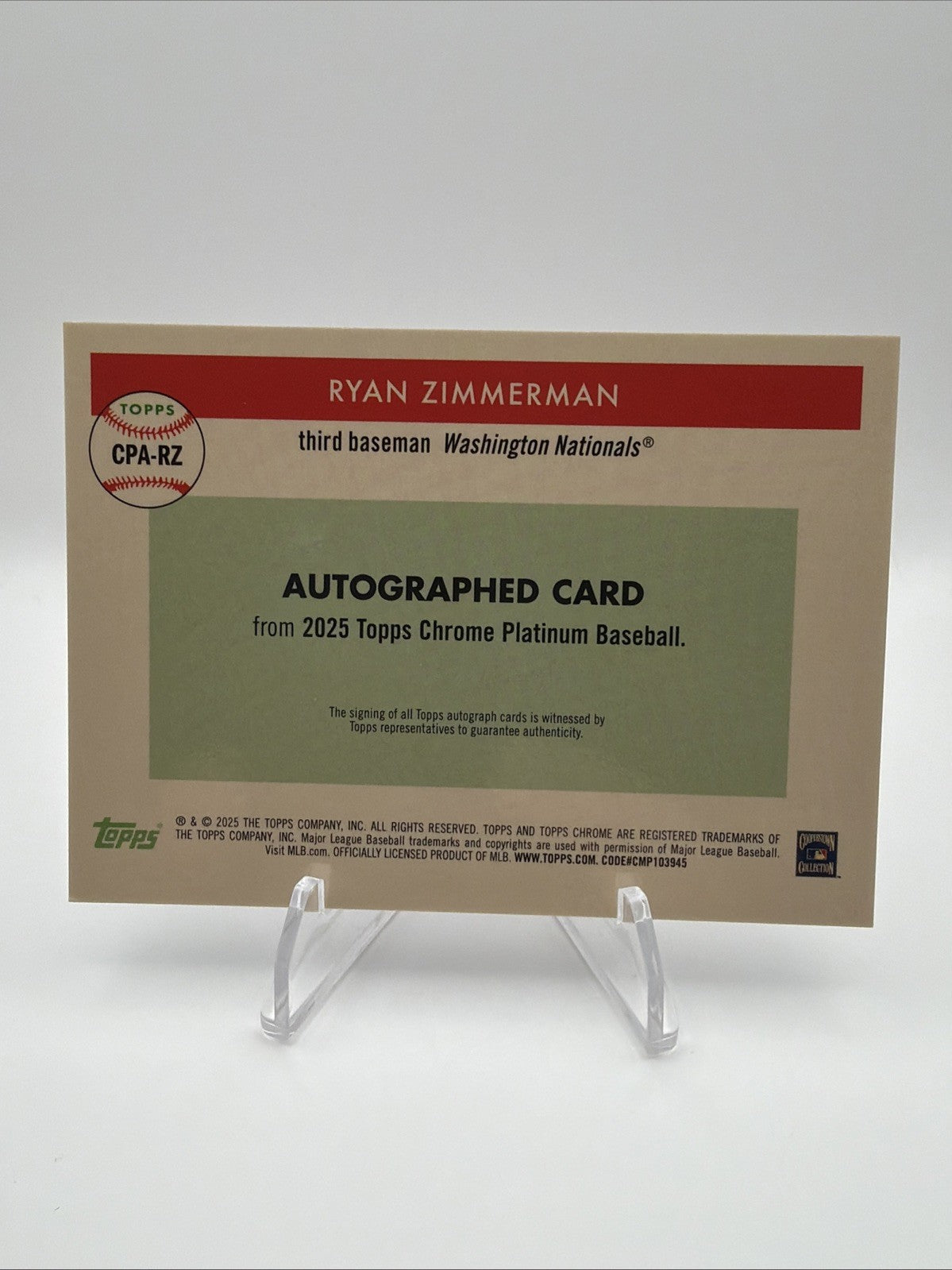 2025 Topps Chrome Platinum Ryan Zimmerman Blue Prism Auto /99 CPA-RZ