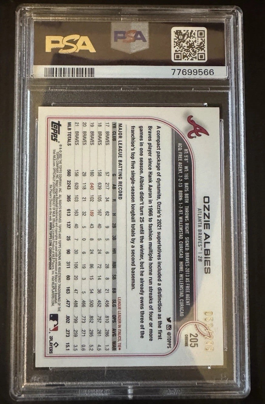 2022 Topps Chrome Sonic Ozzie Albies Purple Yellow Refractor /99 PSA 9 Braves