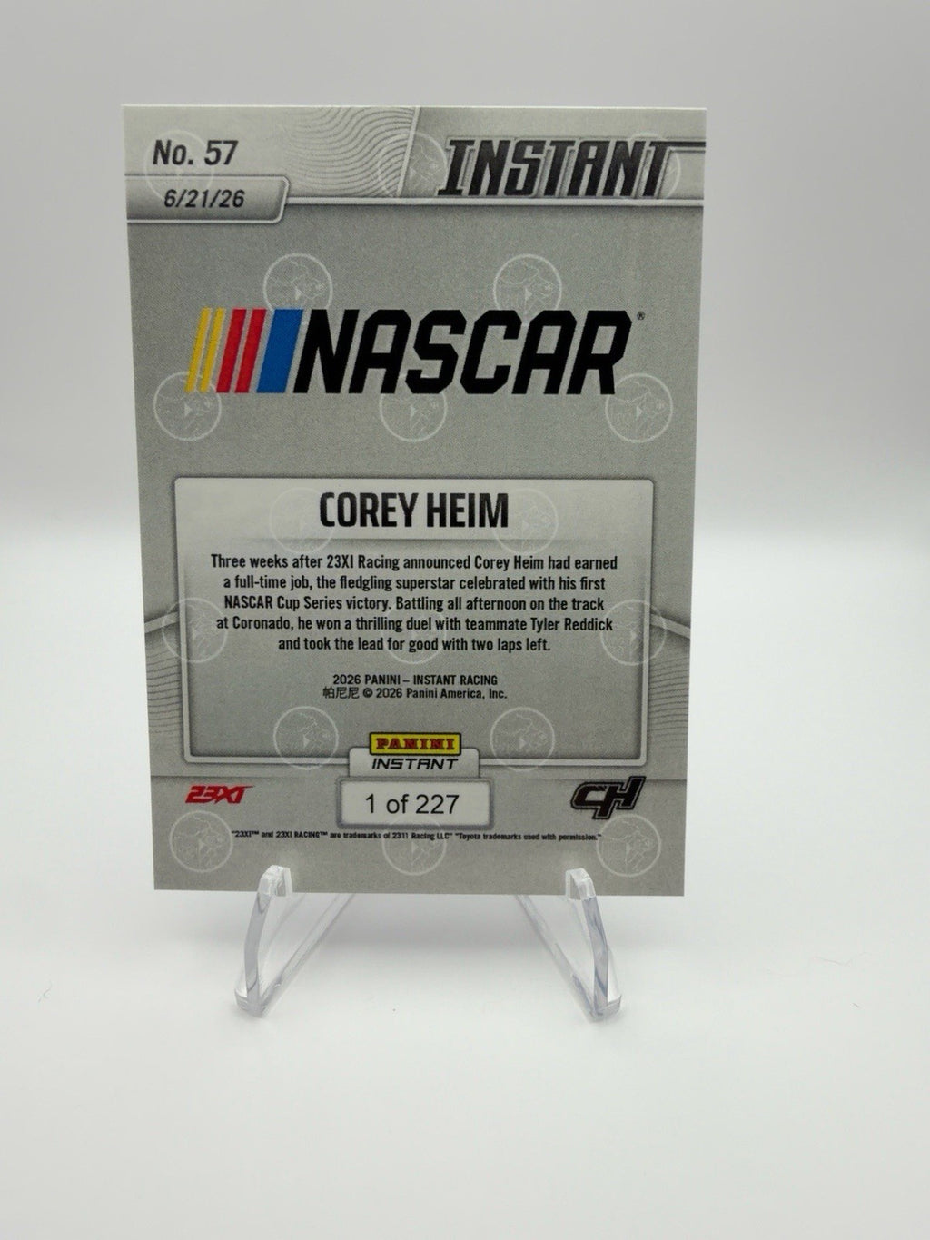 Corey Heim 2026 Panini Instant #57 First NASCAR Cup Win Coronado 1 of 227