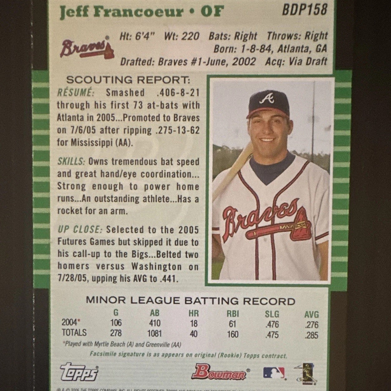 2005 Bowman Draft Prospects Jeff Francoeur Signed Auto Braves BDP158 Autograph