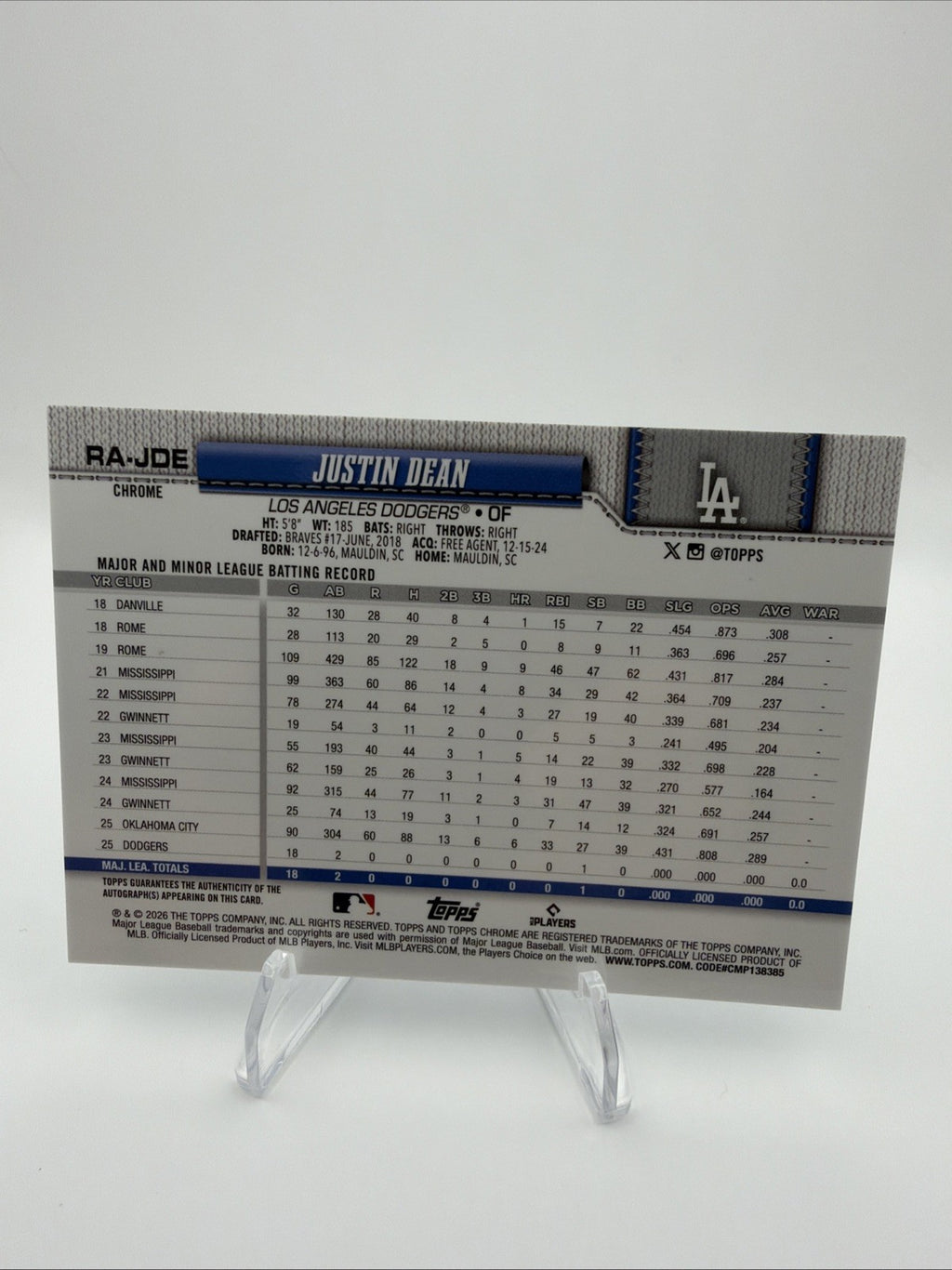 2026 Topps Chrome Justin Dean RC Auto Teal Refractor 163/299 Dodgers