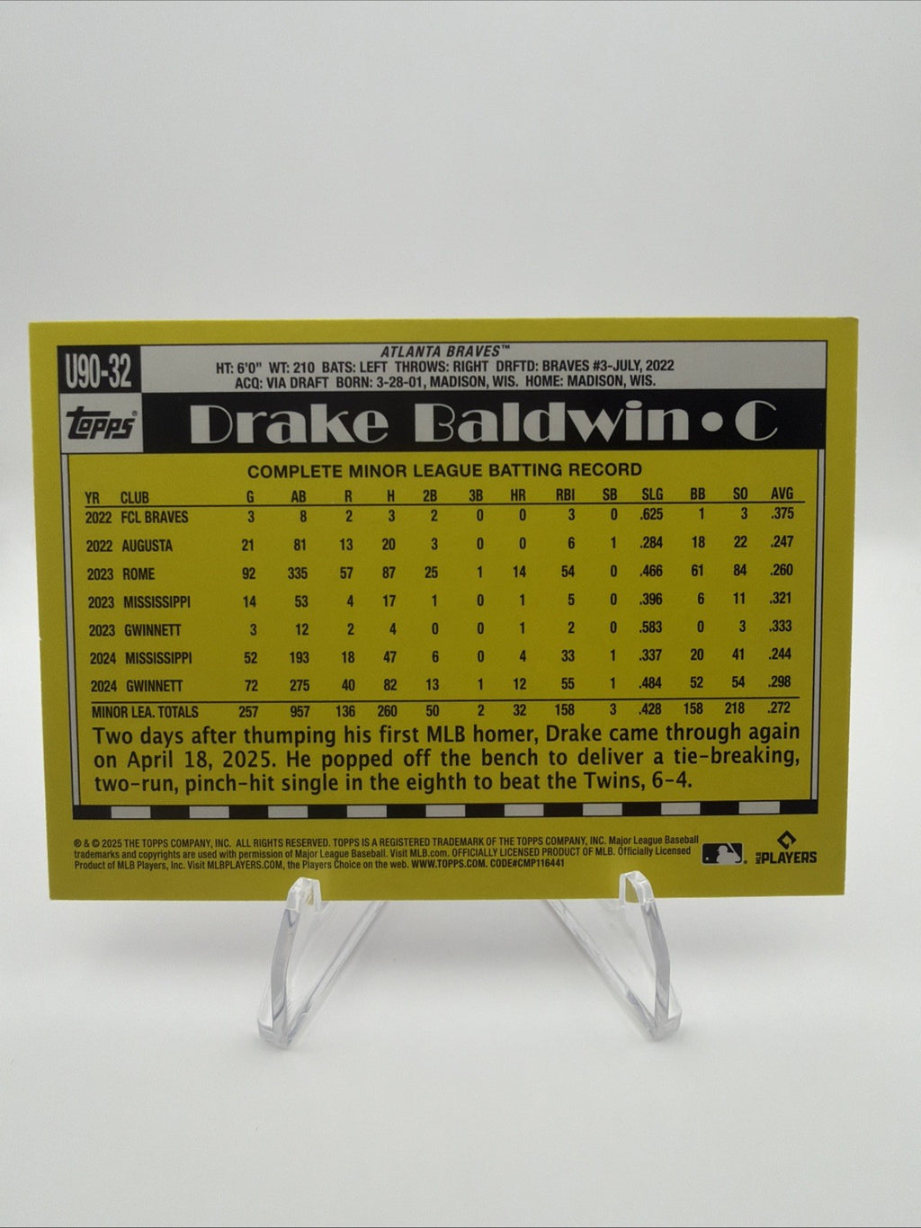 2025 Topps Update Series - 1990 Topps Baseball Drake Baldwin #U90-32 (RC)
