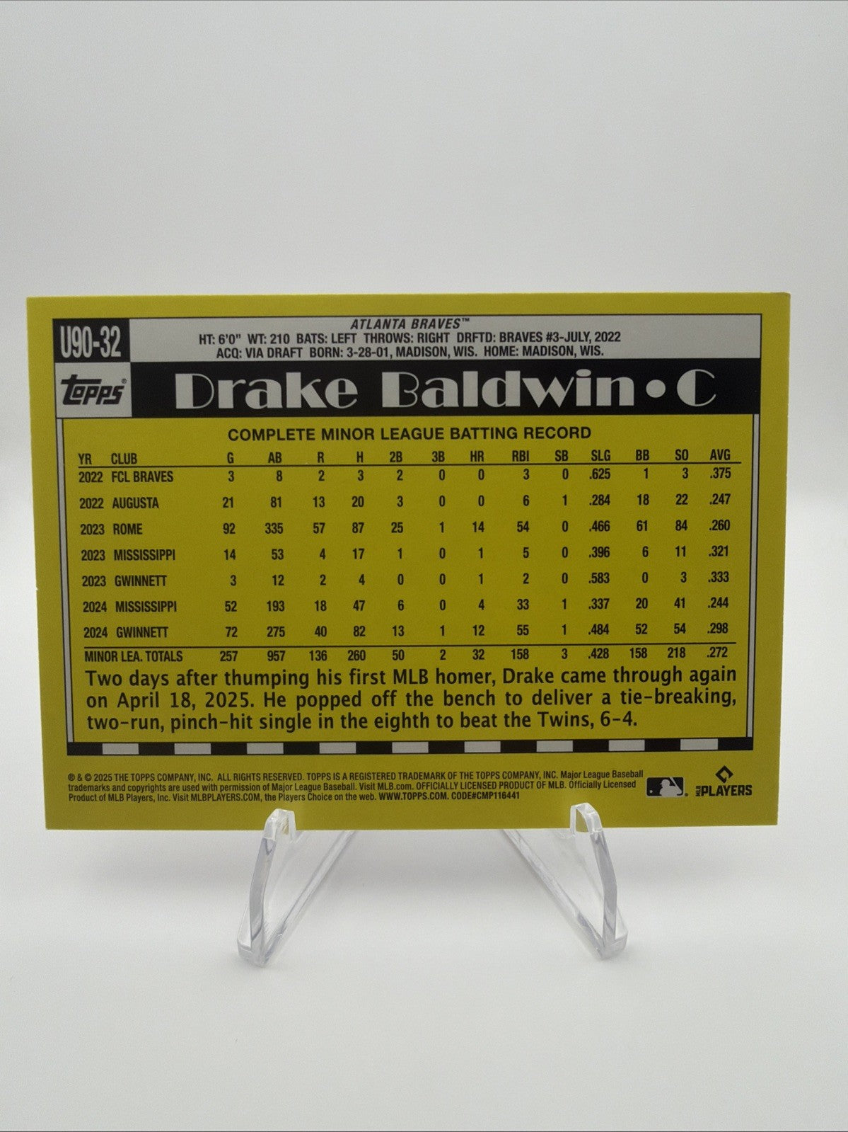 2025 Topps Update Series - 1990 Topps Baseball Drake Baldwin #U90-32 (RC)