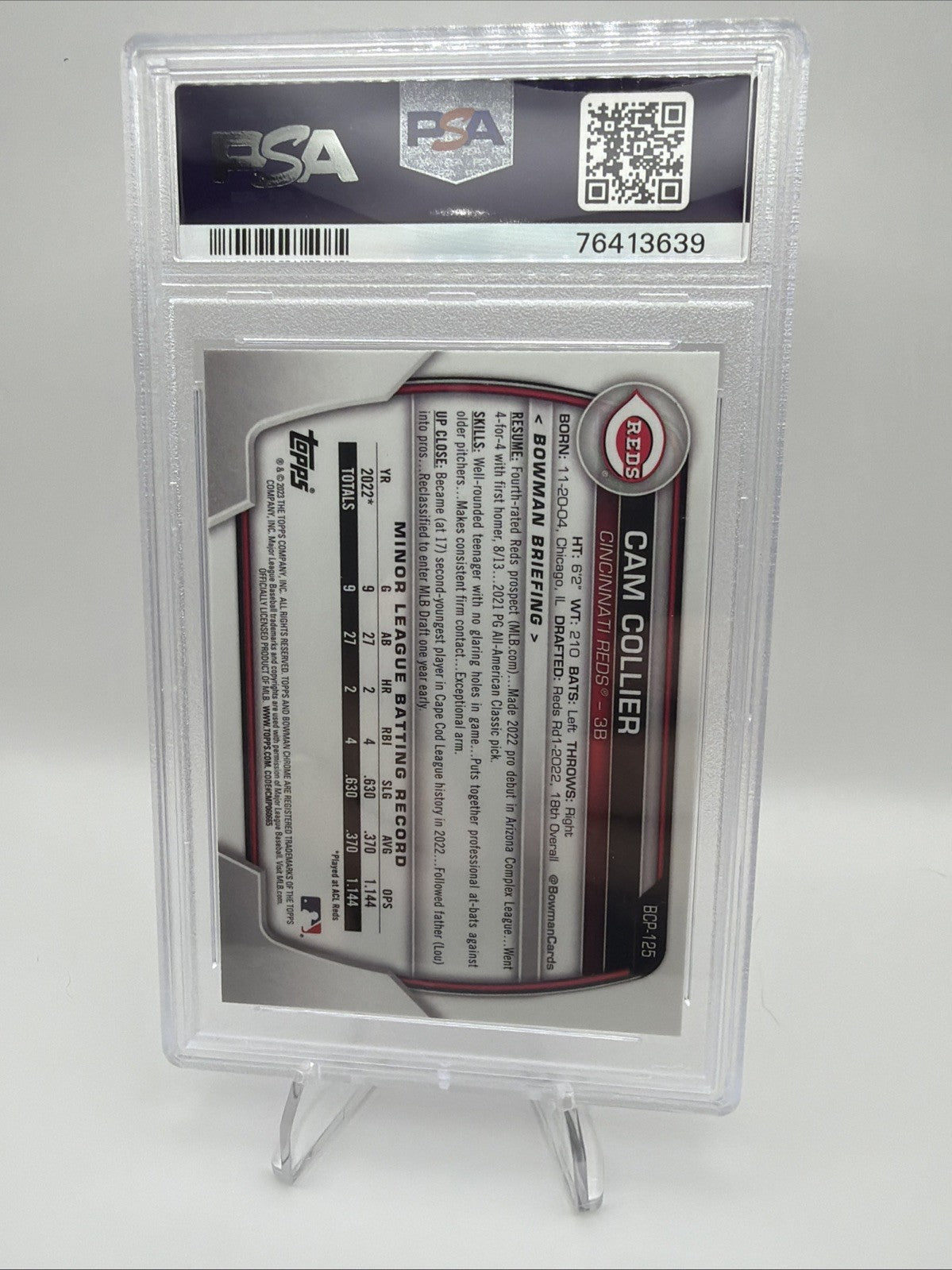 2023 Bowman Cam Collier 1st Bowman Chrome #BCP-125 PSA 10 GEM MINT Reds