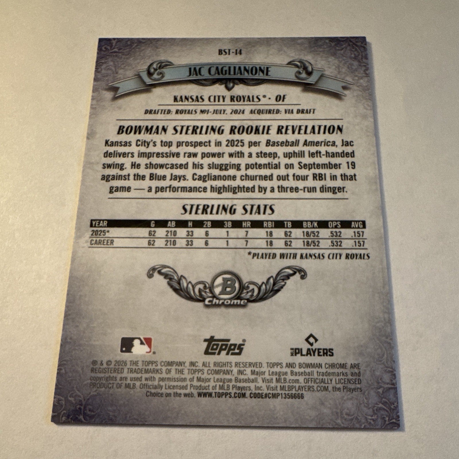 2026 Bowman Sterling Jac Caglianone RC Purple Mini Diamond /199 #186 Rookie