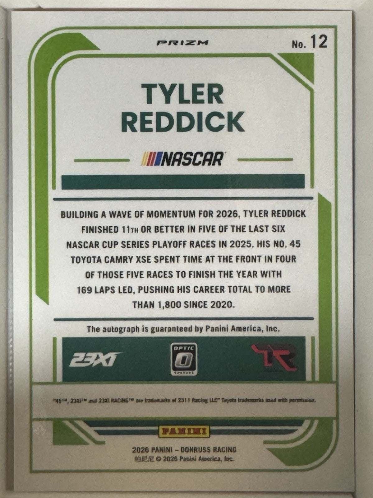 Panini 2026 Donruss Orange Prizm Auto Tyler Reddick 23XI Optic Auto #12