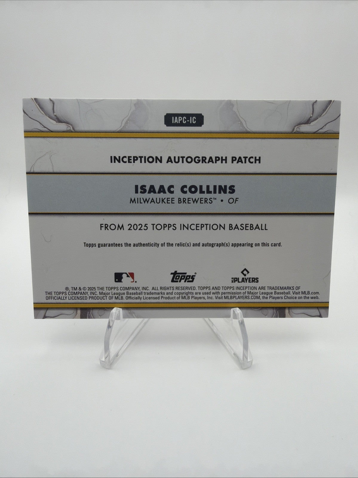 2025 Topps Inception Isaac Collins Patch Auto /150 #IAPC-IC Brewers