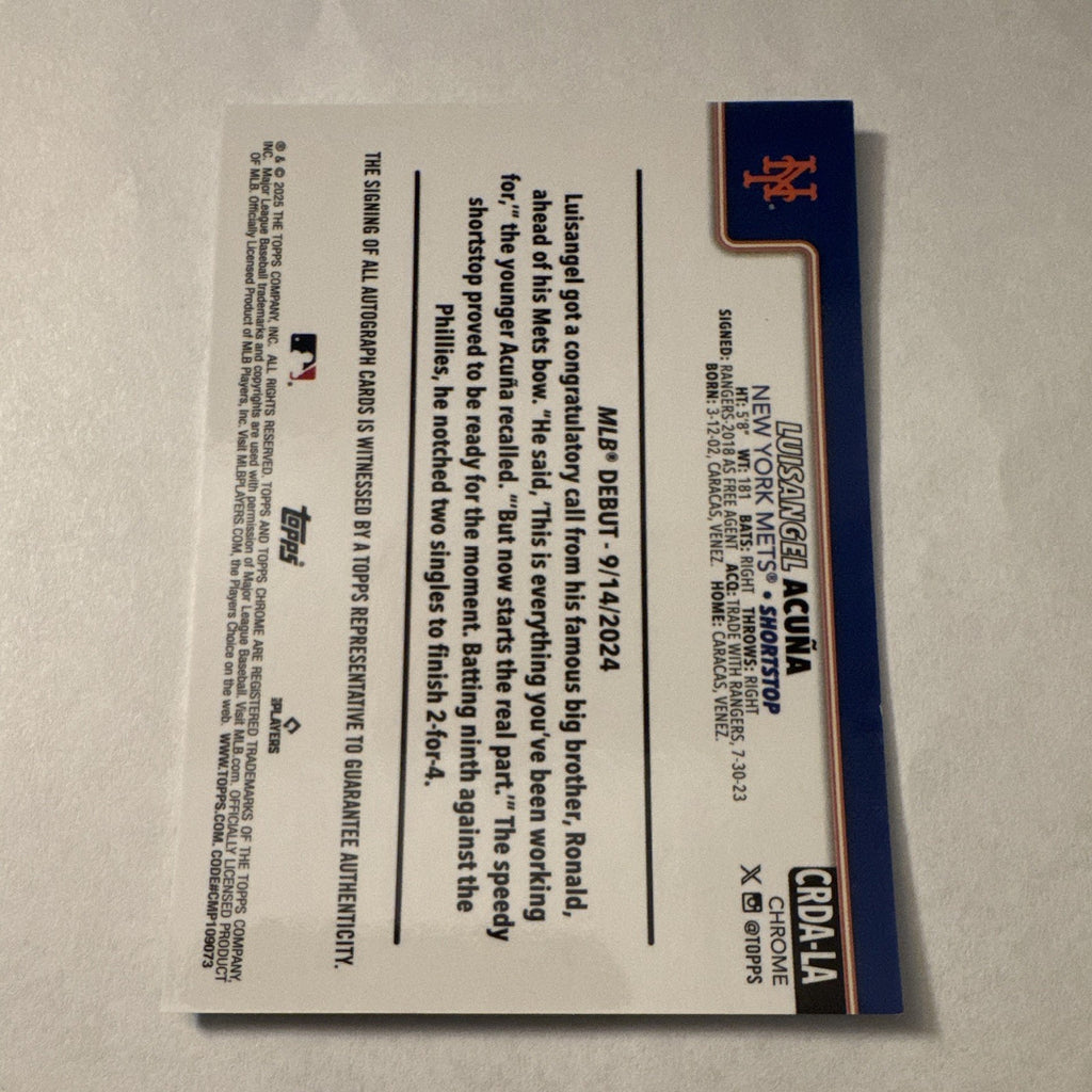 2025 Topps Chrome Update Luisangel Acuna RC Green Auto /99 Mets Rookie #88/99