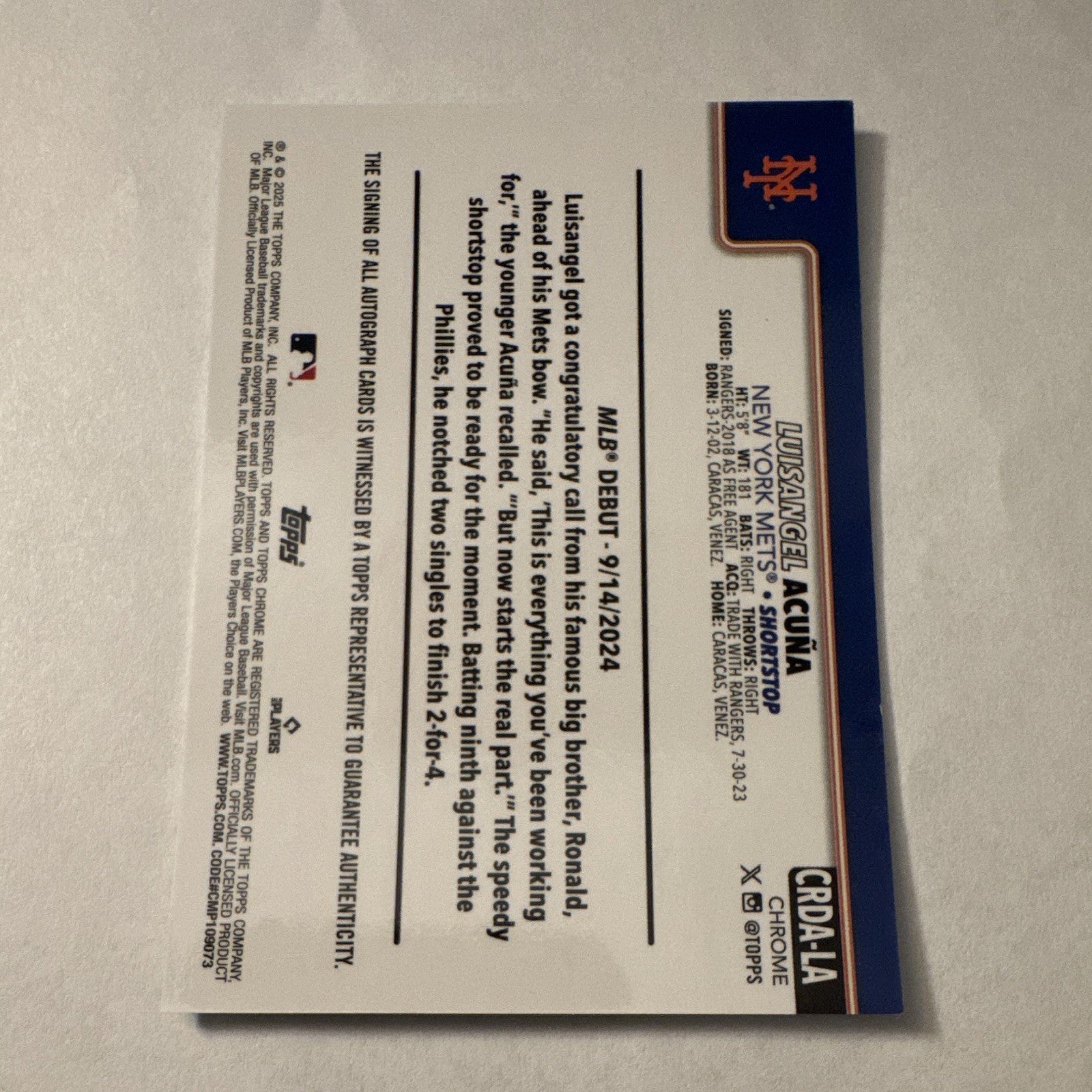 2025 Topps Chrome Update Luisangel Acuna RC Green Auto /99 Mets Rookie #88/99