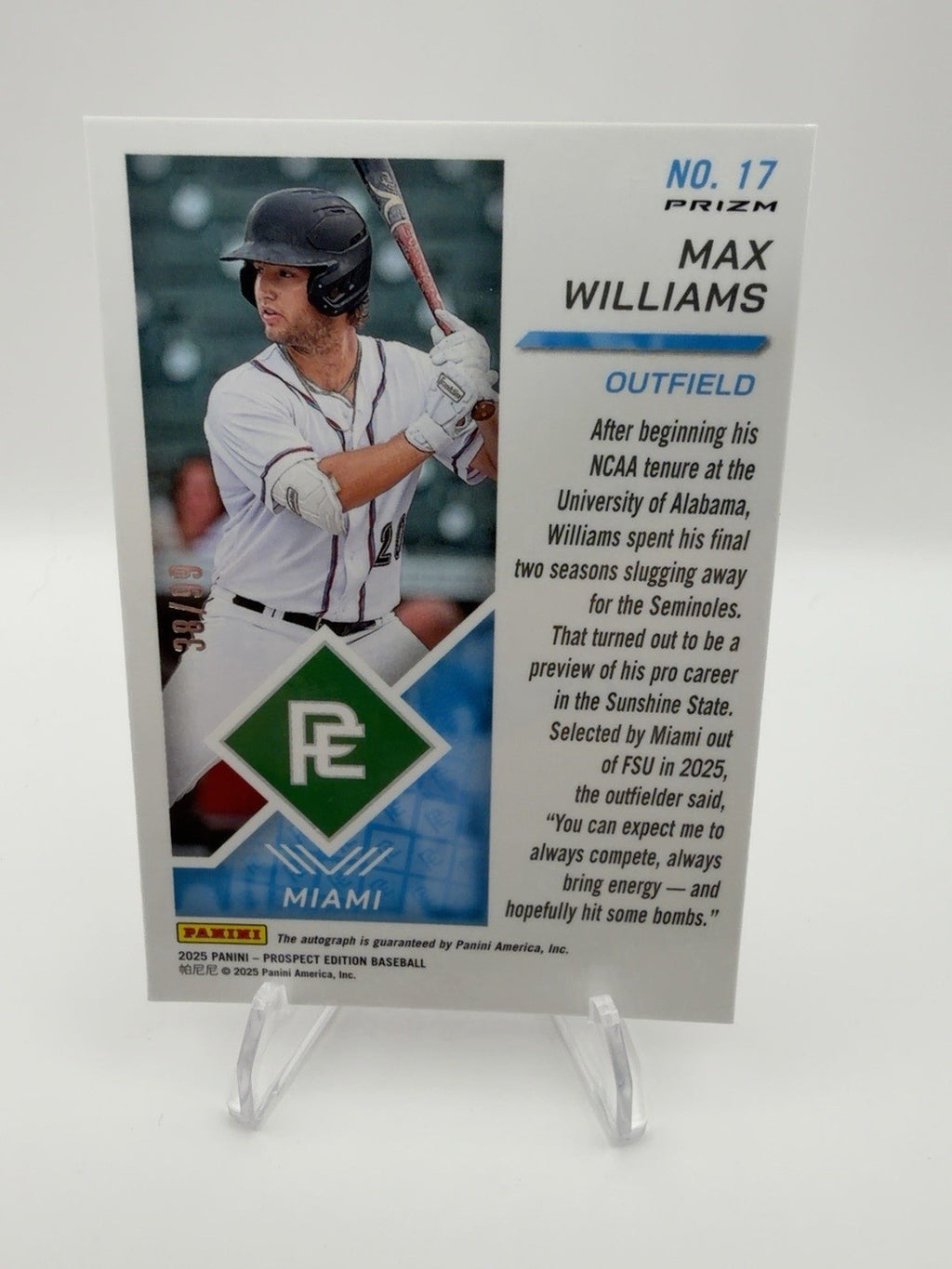 2025 Panini Prospect Edition Max Williams Auto Red Power /99 #17 Miami