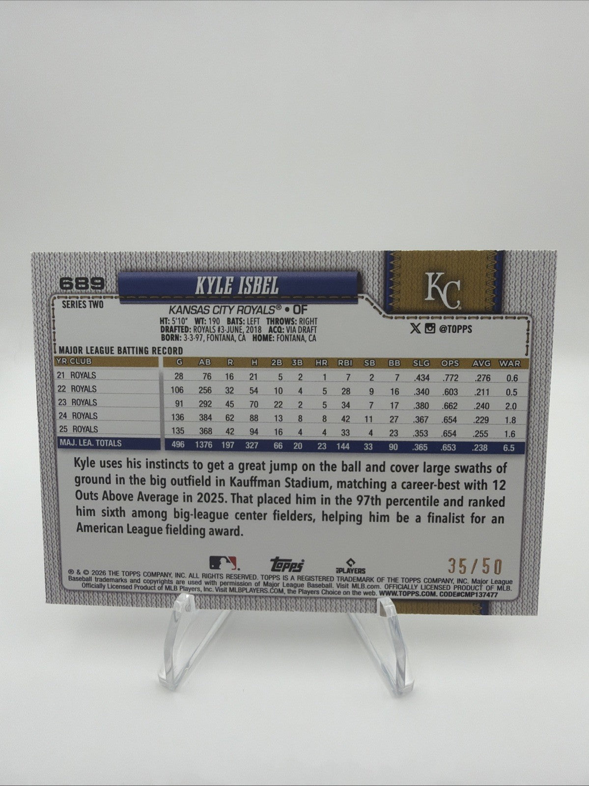 2026 Topps Series 2 Kyle Isbel Gold Foil /50 #689 Royals 35/50 SP